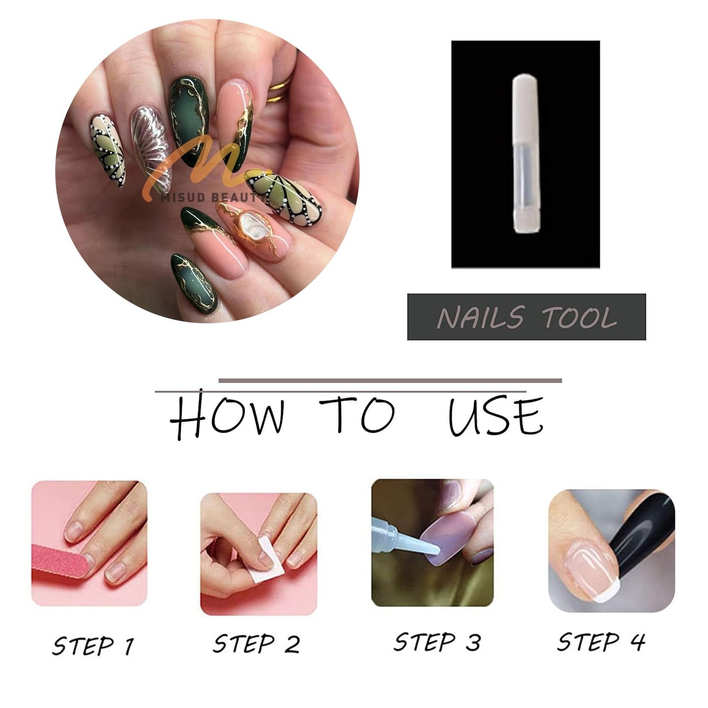 MISUD Press on Nails - Medium Almond Fake Nails with Green Butterfly, Acrylic Gold Chrome Design 24 pcs