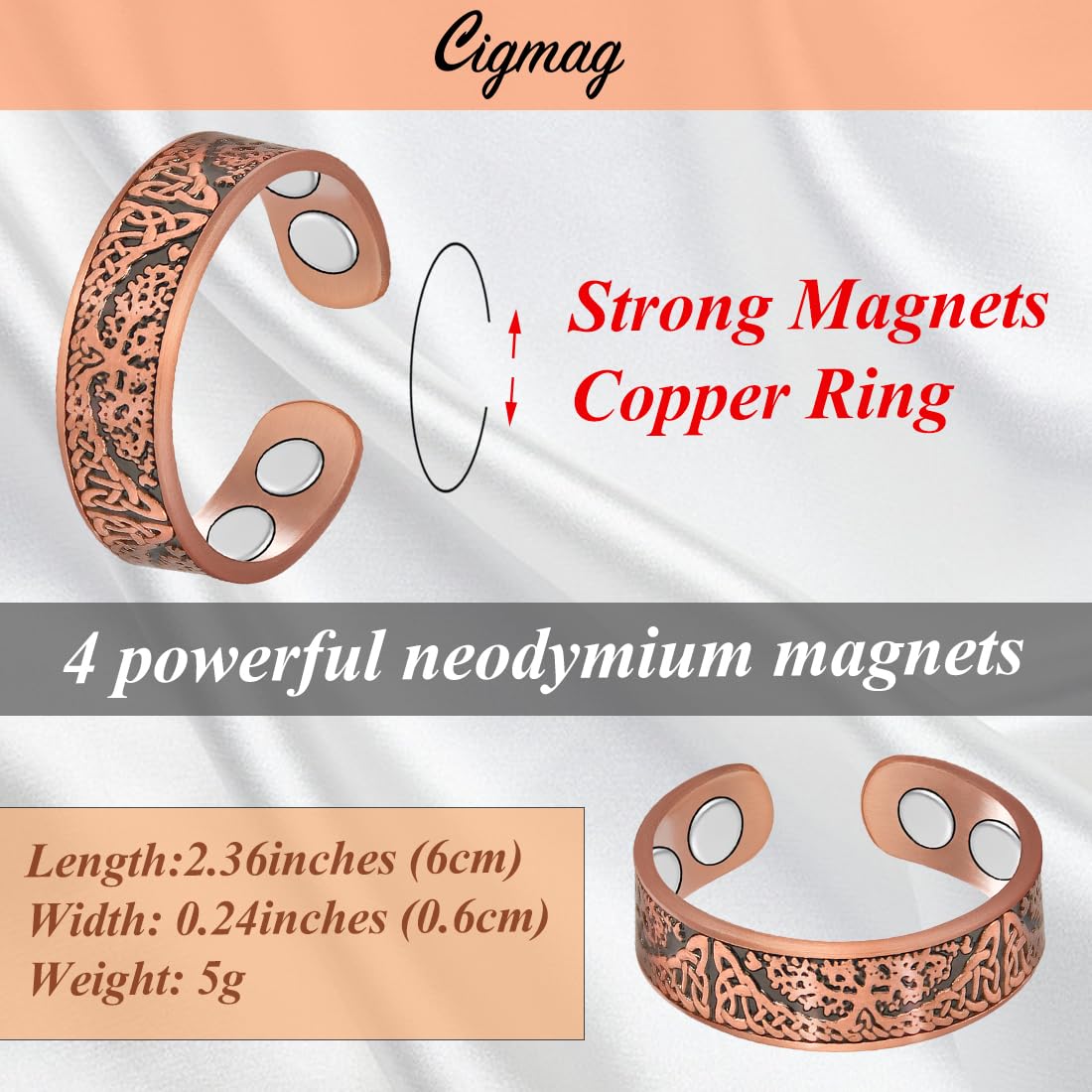 Cigmag 2PCS Copper Rings for Women Adjustable Solid Pure Copper Ring with Present Box (Tree of Life)