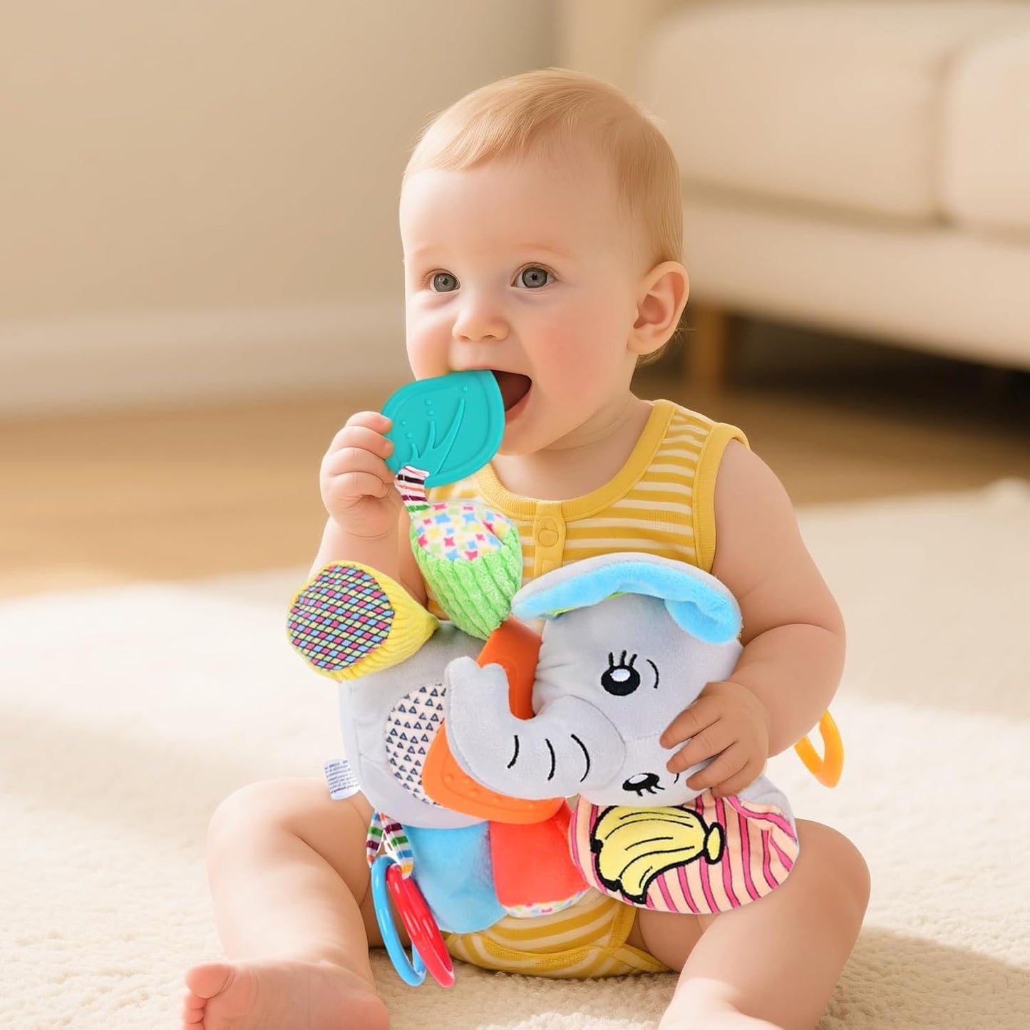 Baby Toys 0-12 Months Elephant with Detachable Touch-Sensitive Sound Box, 30 Sounds, Removable Bib, Teether, Rattle, BB Squeaker, Mirror for Strollers, Car Seats, Carriers