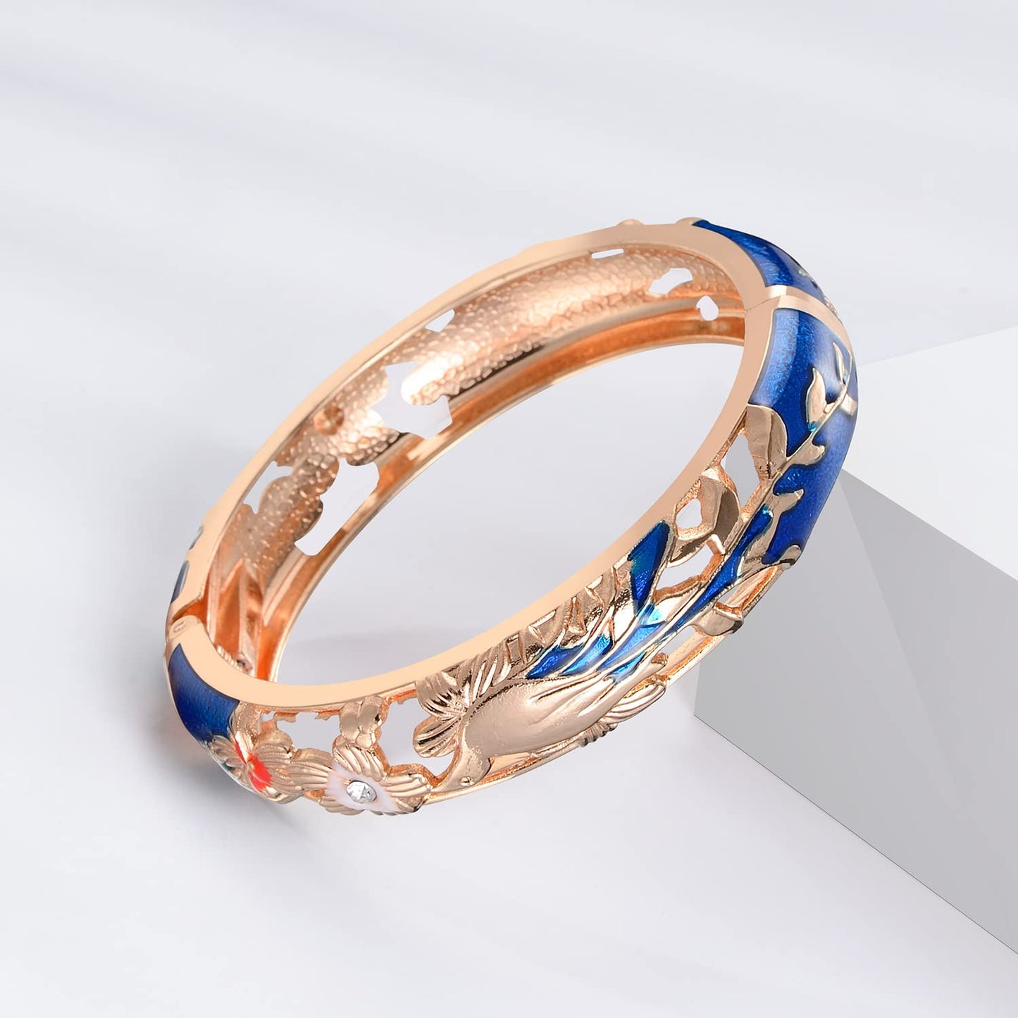 UJOY Colors Handcraft Jewelry Cloisonne Bracelet Enamel Hollowed Bird Spring Hinged Womens Bangles Gifts Box 88A31-55C49 Navy Blue