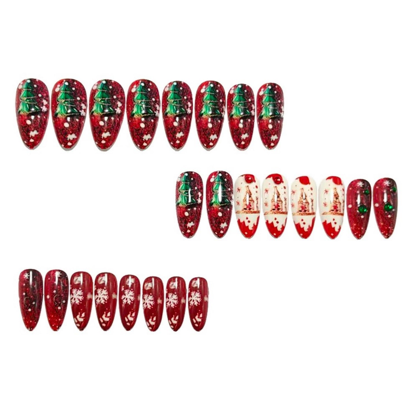 24 Pcs Christmas Press on Nails Medium Almond Fake Nails Red Glitter French and Christmas Tree Acrylic Nails New Year Snowflake Xmas False Nail for Women Manicure Decoration