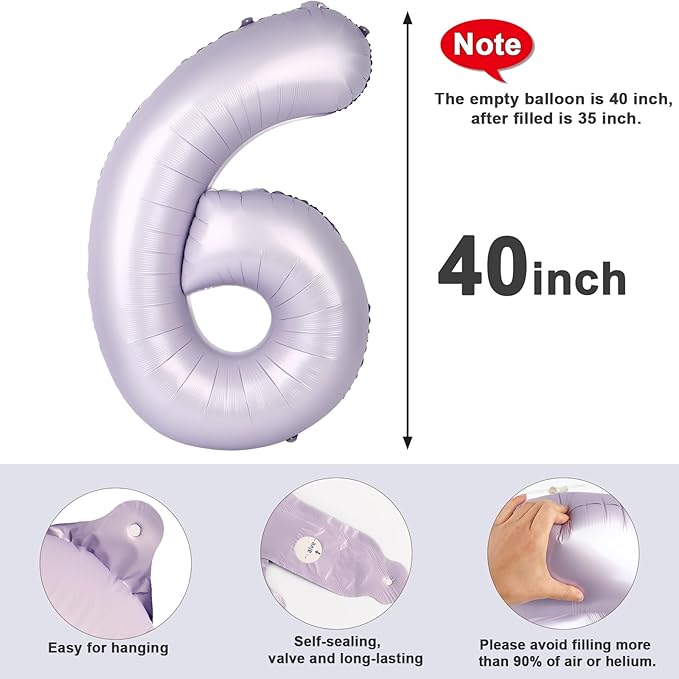 Number 6 Foil Balloon 40 Inch – Cream & Purple Mylar Number Balloon for Birthday, Graduation & Anniversary