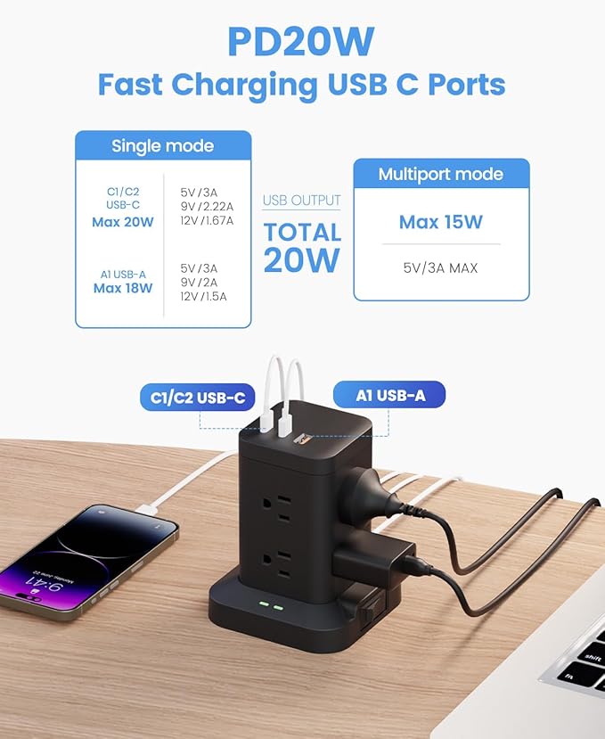 Power Strip Tower with Surge Protector 1800J, Fast Charging Tower PD20W USB-C Ports with 8 AC Outlets, 6ft Extension Cord for Home Office Dorm Room, Black