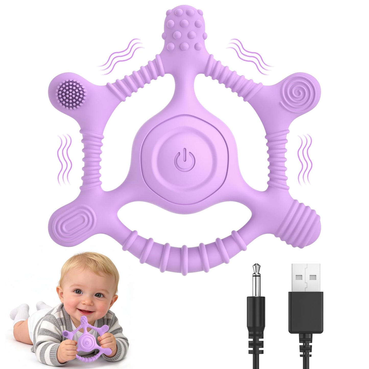Vibrating Teether for Baby, Sensory Toys for Kids with Autism & Teething Relief for Babies 6-18 Months, USB Chargeable with 3 Vibration Settings, Autism Sensory Products (Purple)