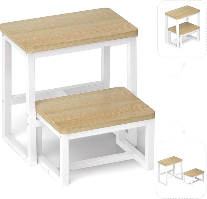 Step Stool for Adults,Holds up to 500Lb,3 in1 Heavy Duty Sturdy Two Step Stool for Kichen/Bathroom/High beds, Wooden&Metal Frame, Non-Slip Pads
