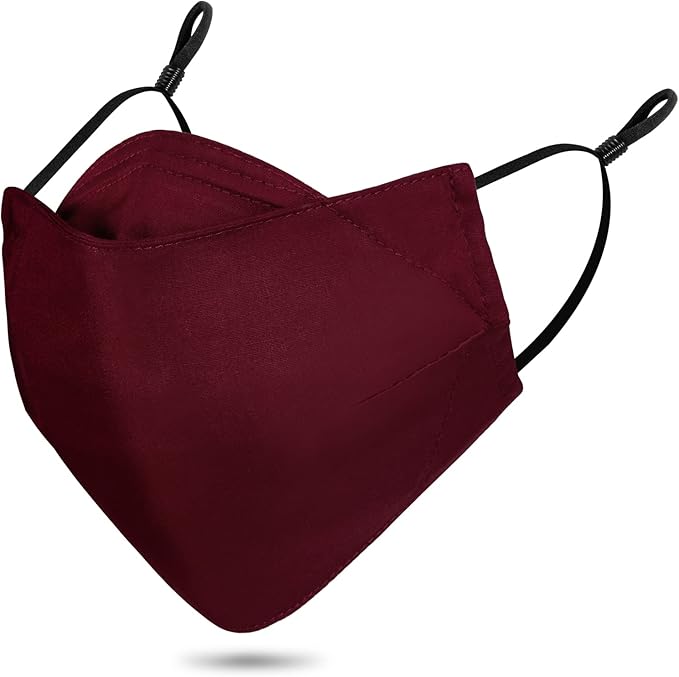 Reusable 3-Ply Cloth Face Mask Adjustable Ear Loops/Nose Wire/Filter Pocket, Washable Organic Cotton Masks Dustproof Outdoor for Women Men Adults (3 Burgundy)