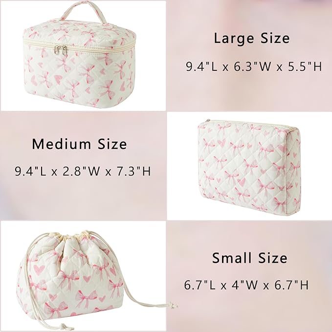 3Pcs Aesthetic Cotton Quilted Drawstring Makeup Bag Set, Aesthetic Cute Bow Makeup Pouch for Girls and Women, Aesthetic Travel Organized Cosmetic Bags for Purse(06Heart Bow)