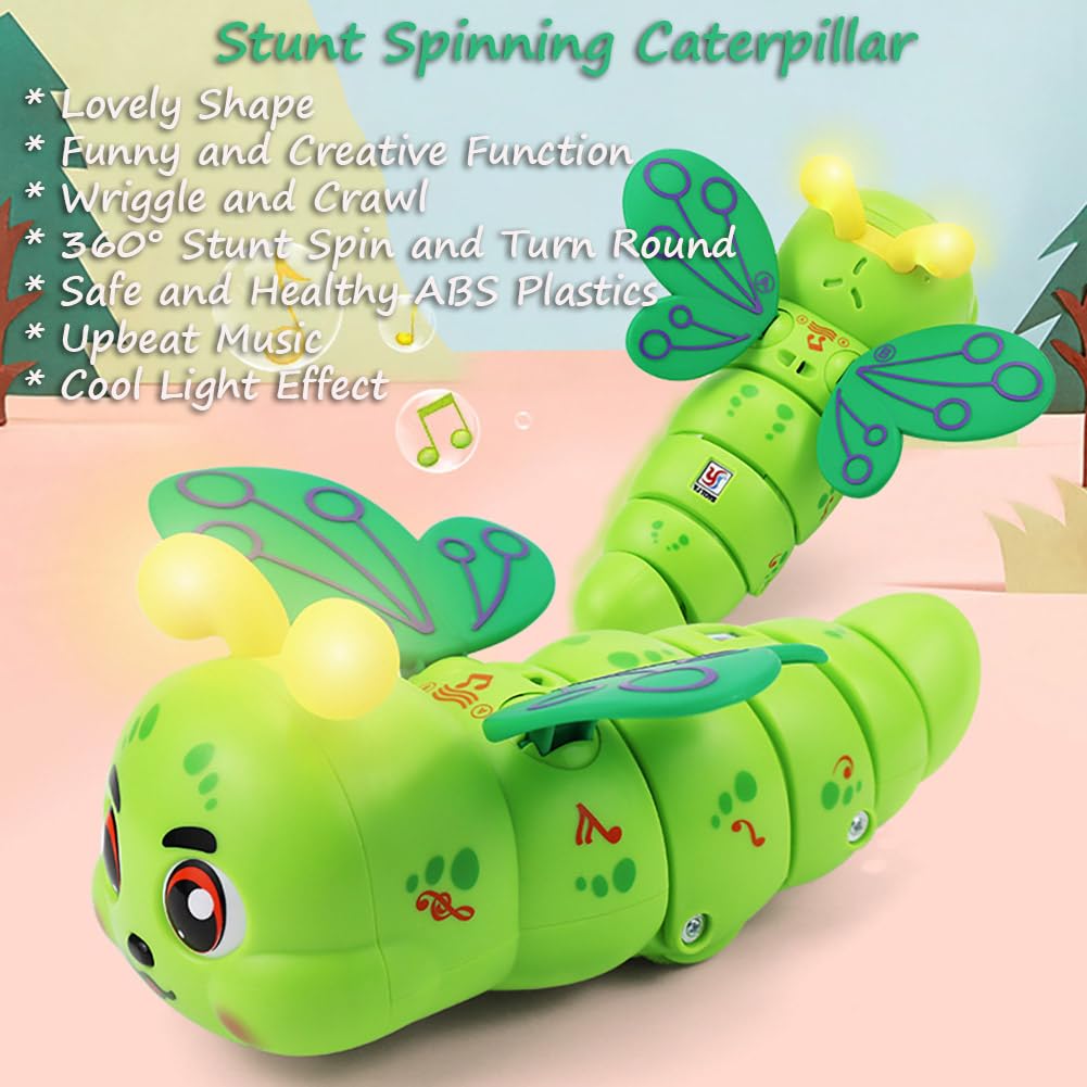 Miracland Stunt Spinning Caterpillar Toy - Electric 360 Rotating Musical Creeping Crawling Toy with Lights