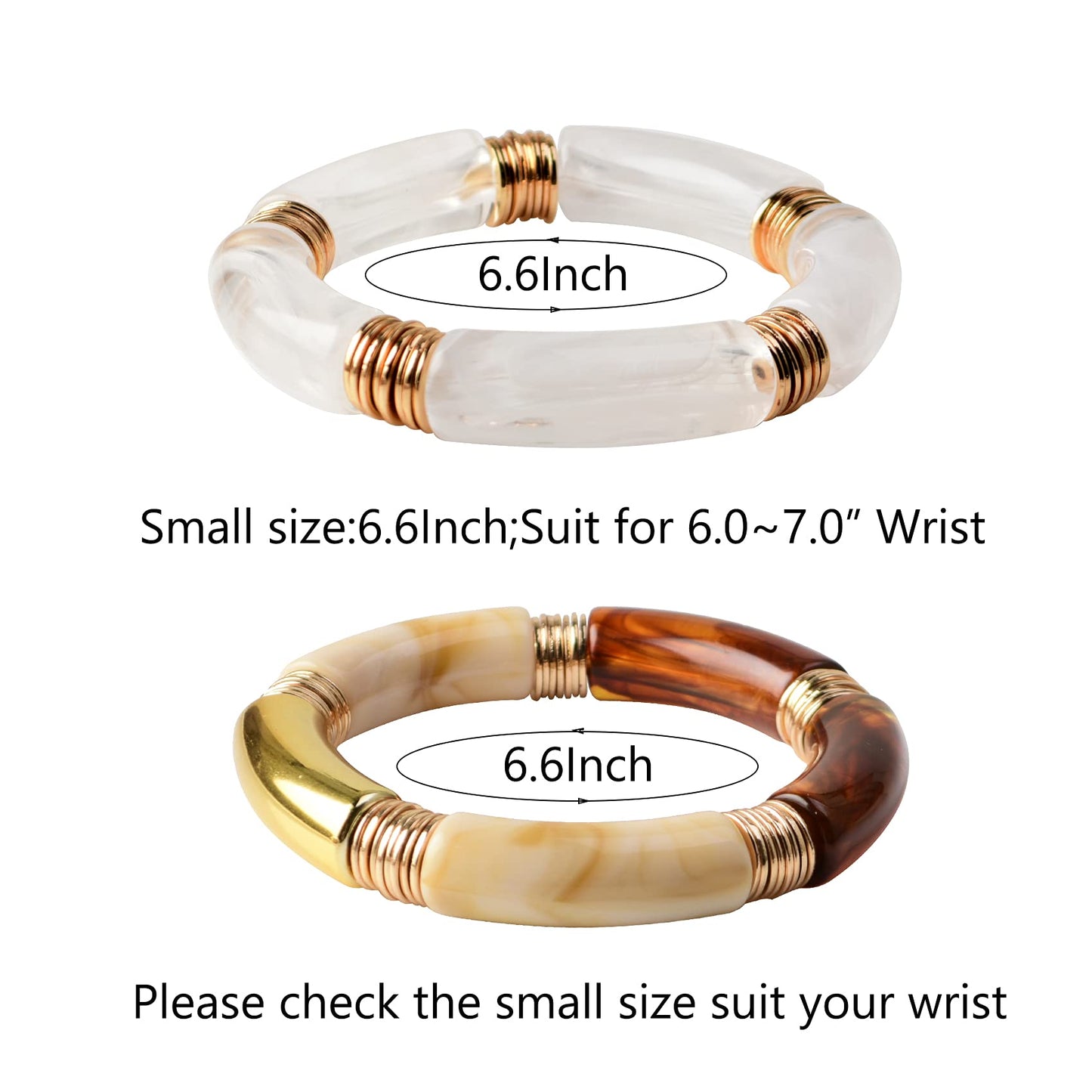 GOOJIDS Simple Beaded Gold Plated Bangles Bracelet Chunky Bamboo Tube Curved Stacking Clear Acrylic Colorful Beads Stretchable Gold Plated Bracelets Set For Women