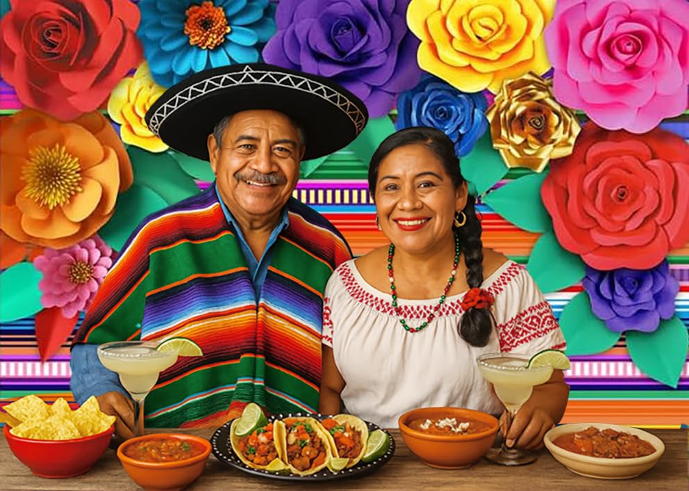 Mexican Theme Party Striped Backdrop Fiesta Cinco De Mayo Paper Flowers Background Party Decoration for Cake Table Decor Photo Booth 10X8FT 071 - size: 10′x8′