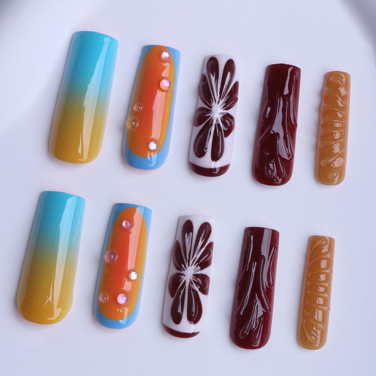 plalely Square Press on Nails Long Gradient Fake Nail Blood Orange with Water Drop Design Acrylic Nail Press ons Embossed Lemon Stick on Nail for Women 24pcs