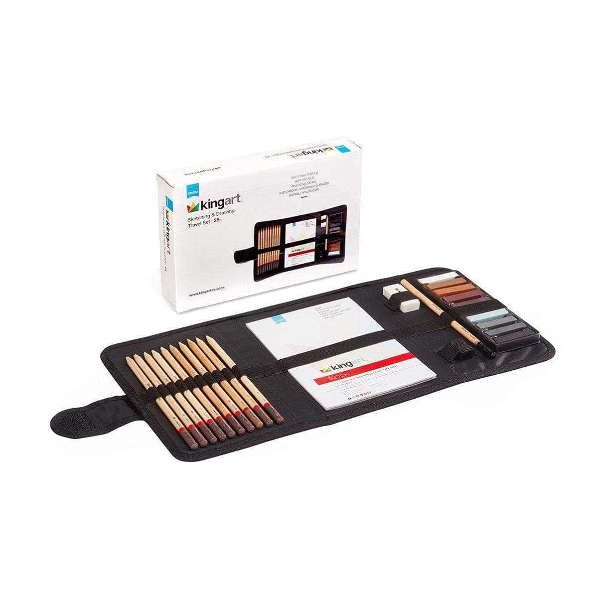 KINGART DRAWING & SKETCHING 25 pc. TRAVEL SET, Graphite, and Charcoal Pencils & Pastels plus Supplies, Art Drawing Kit for Adults, Teens, Beginner to Pro, Ideal for Shading, Blending, 25 pc.