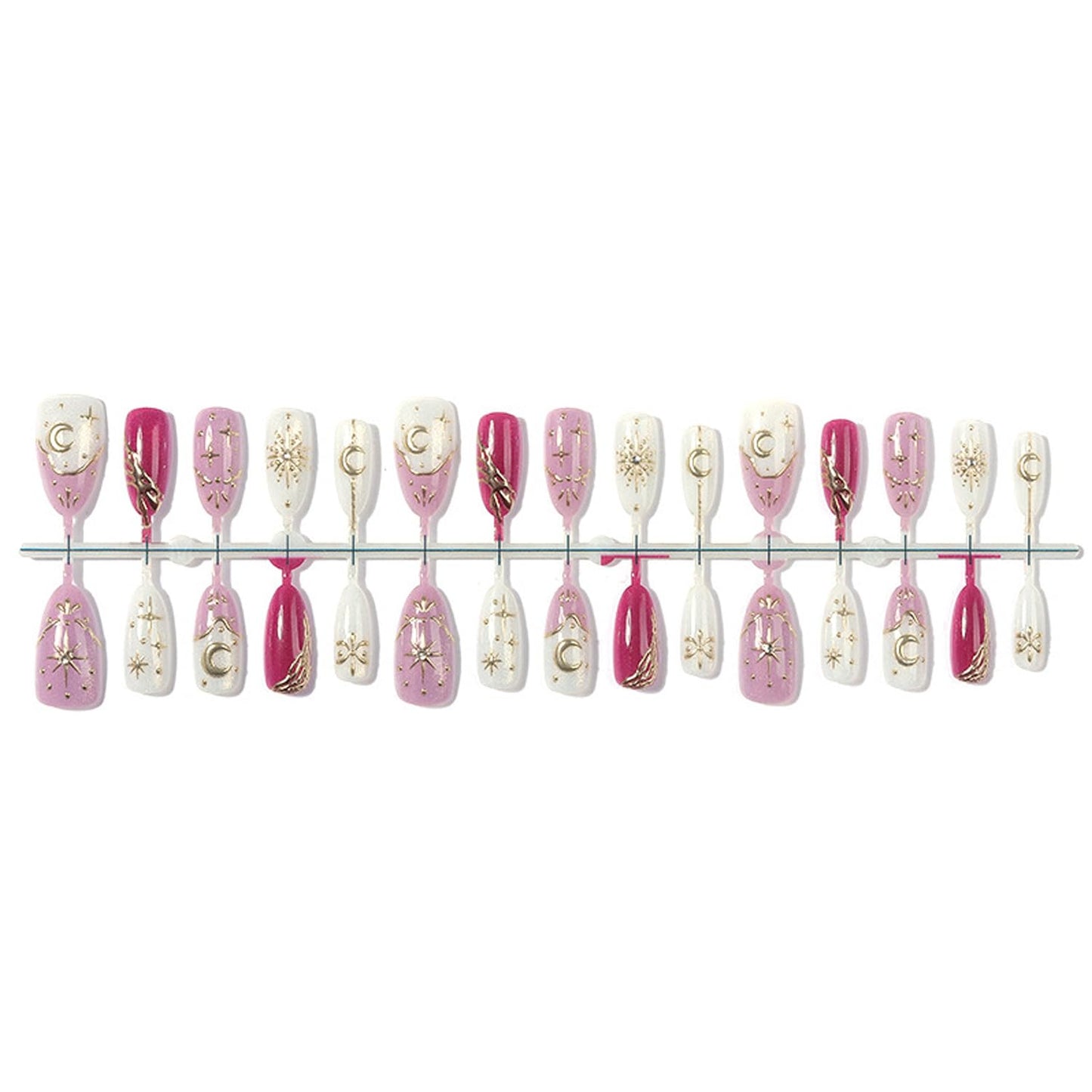 30Pcs Gold Star Moon Press on Nails Medium Length Almond Fake Nails Press on 3D Rhinestone Design Gilded Line French False Nails Glitter Full Cover Chrome Gold Glossy Artificial Glue on Nail for Women
