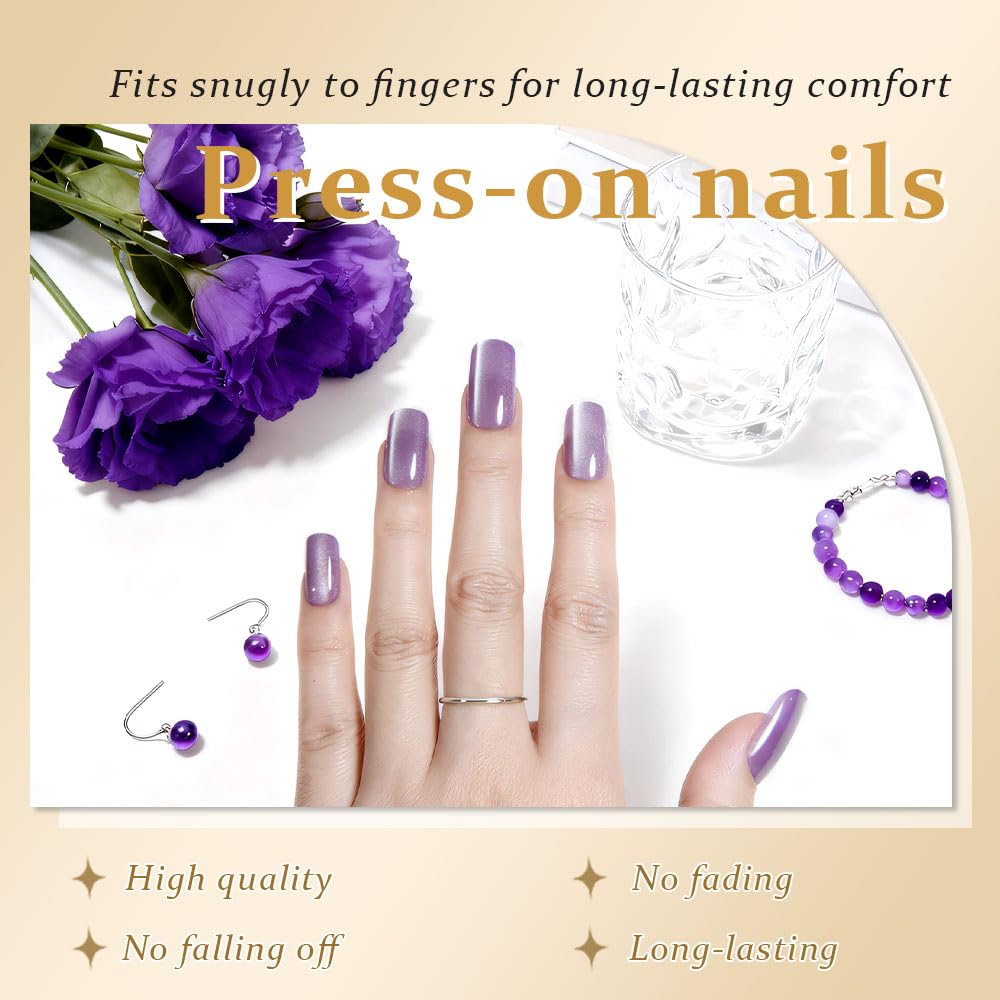 Lavender Purple Cat Eye Press on Nails Medium Square, Medium Square Press Stick on Nails Chrome for Women, Purple Holographic Glitter Glossy Reusable Gel Acrylic Fake Nail with Design Cateye Effect
