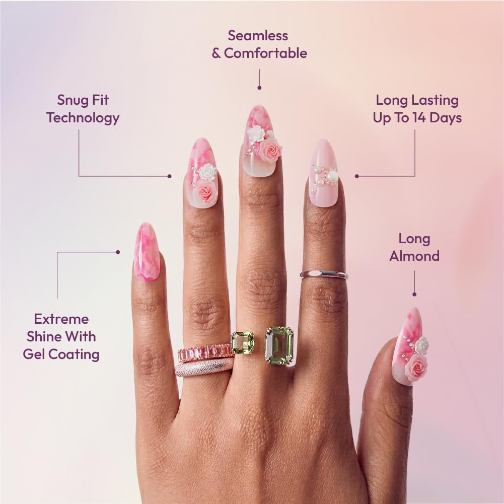 Glitzy 3D Handmade Press On Nail Kit, Rhinestone Gem Cloudy Pink Rose Long Almond False Nail, Reusable & Lasts Up To 2 Weeks, Seamless Snug Fit Technology, Includes Glue, File & 28Pcs Manicure Set