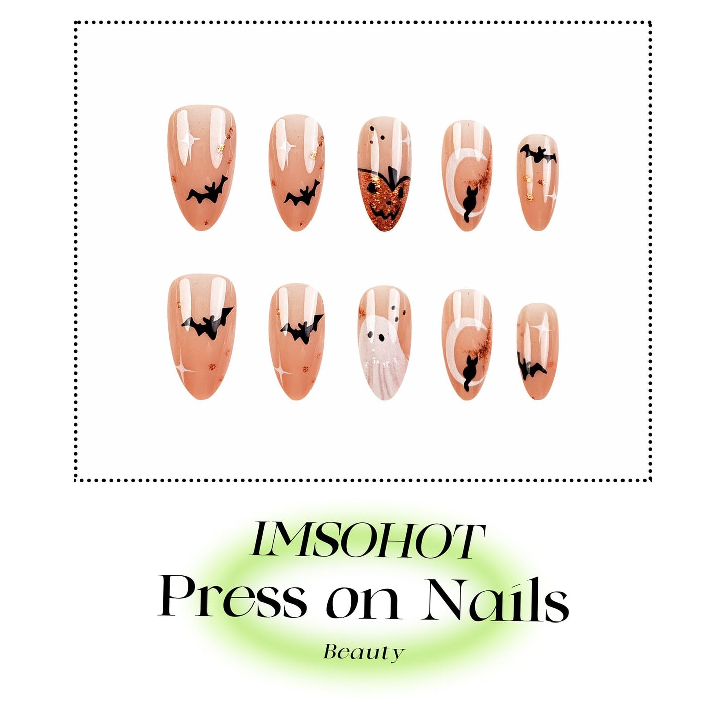 IMSOHOT Halloween Press on Nails - Nude Medium Almond Fake Nails with 3D White Ghost, Orange Glitter Pumpkins, Black Bat Designs | 24 Nail Kit with Glue, Glossy Cute Glue on False Nails