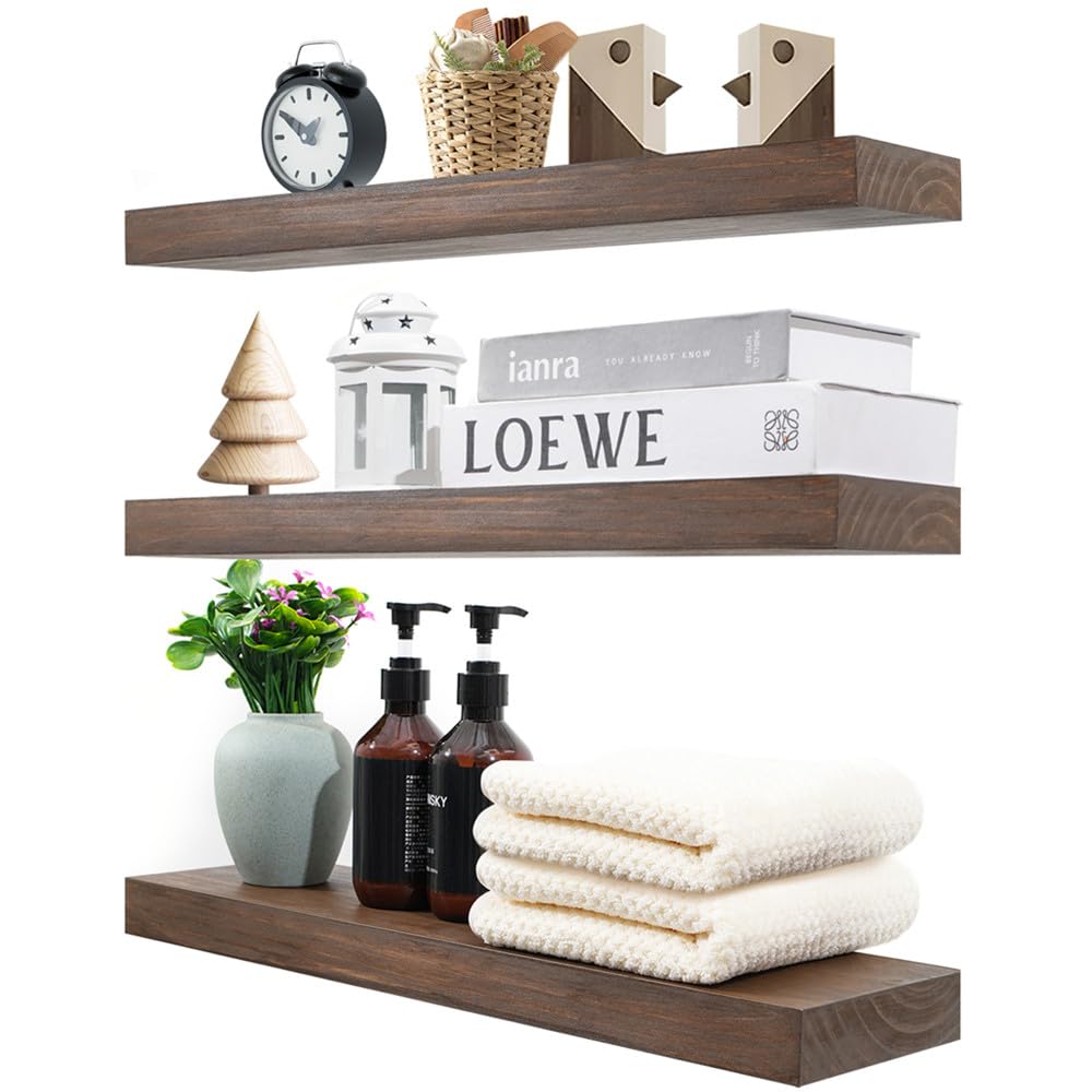 Zuiguoshan Wood Floating Shelves for Wall Set of 3, 22 Inch Rustic Floating Shelf Wall Mount, Solid Wooden Bathroom Floating Shelves for Kitchen, Bedroom, Living Room - Dark Walnut