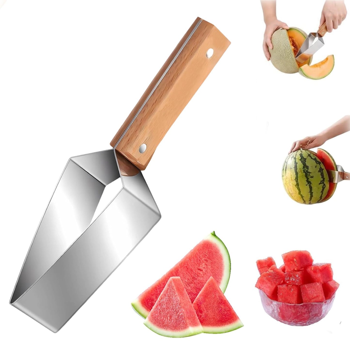 Stainless Steel Watermelon Slicer, Triangle Watermelon Cutter with Wooden Handle, Multi-Use Kitchen Fruit Cutter Tool for Watermelon, Cantaloupe, Honeydew, Apples and More (1Pcs)