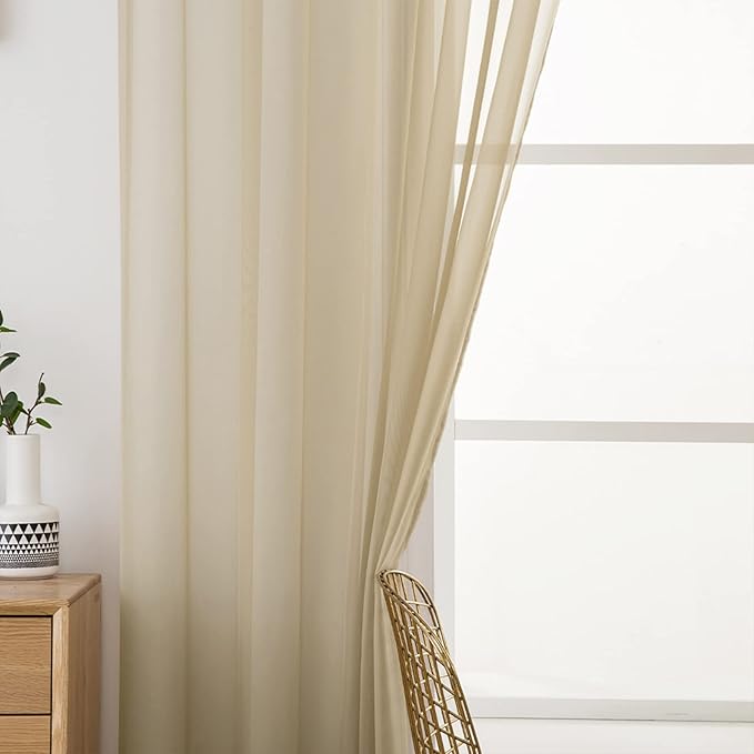 MIULEE 2 Panels Solid Color Sheer Window Curtains Elegant Window Voile Panels/Drapes/Treatment for Bedroom Living Room (54 X 120 Inches Beige)