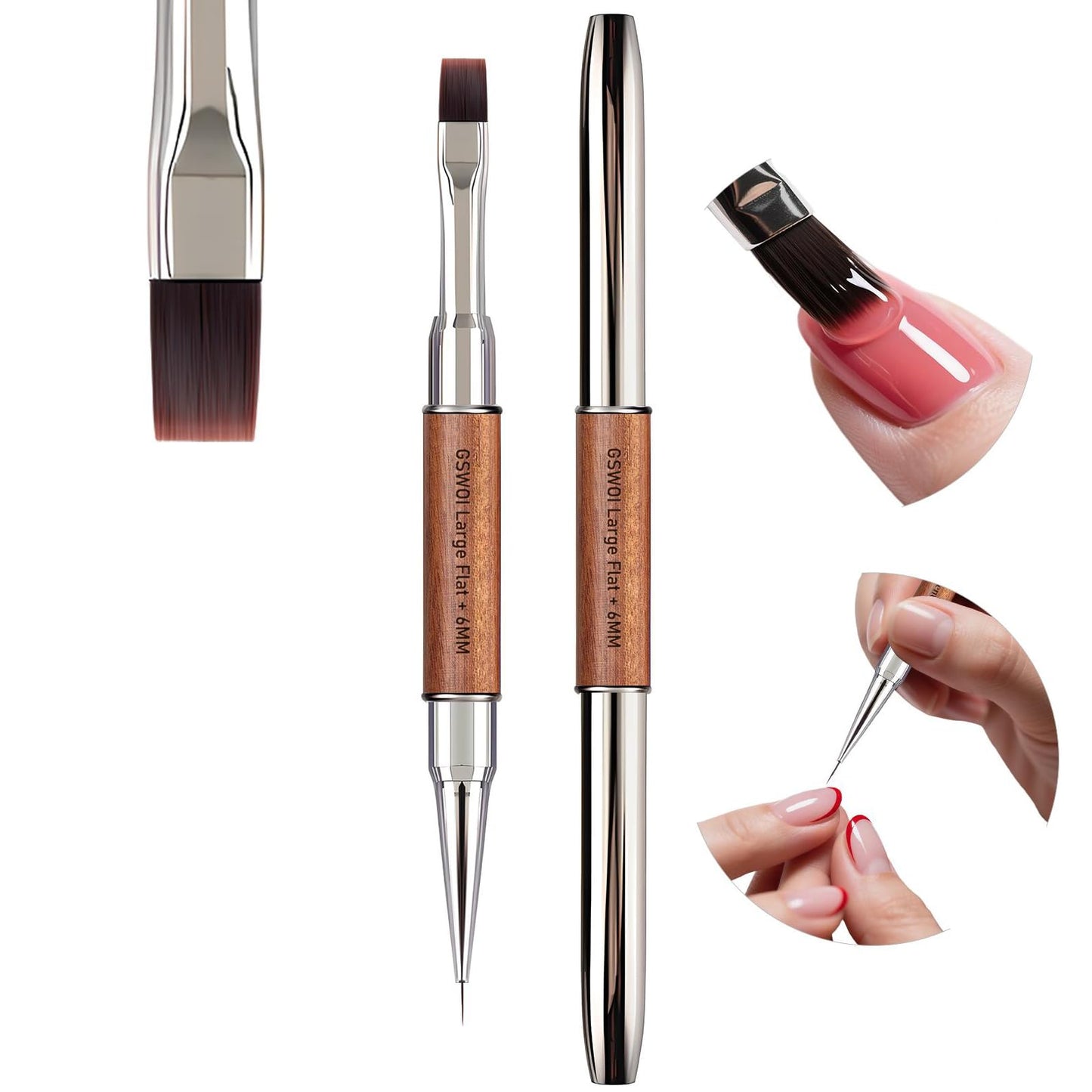 GSWOI Dual Head Acrylic Nail Brush-Large Flat & 6mm Liner for Builder Gel,Polygel & Design-Wood Handle & Metal Caps