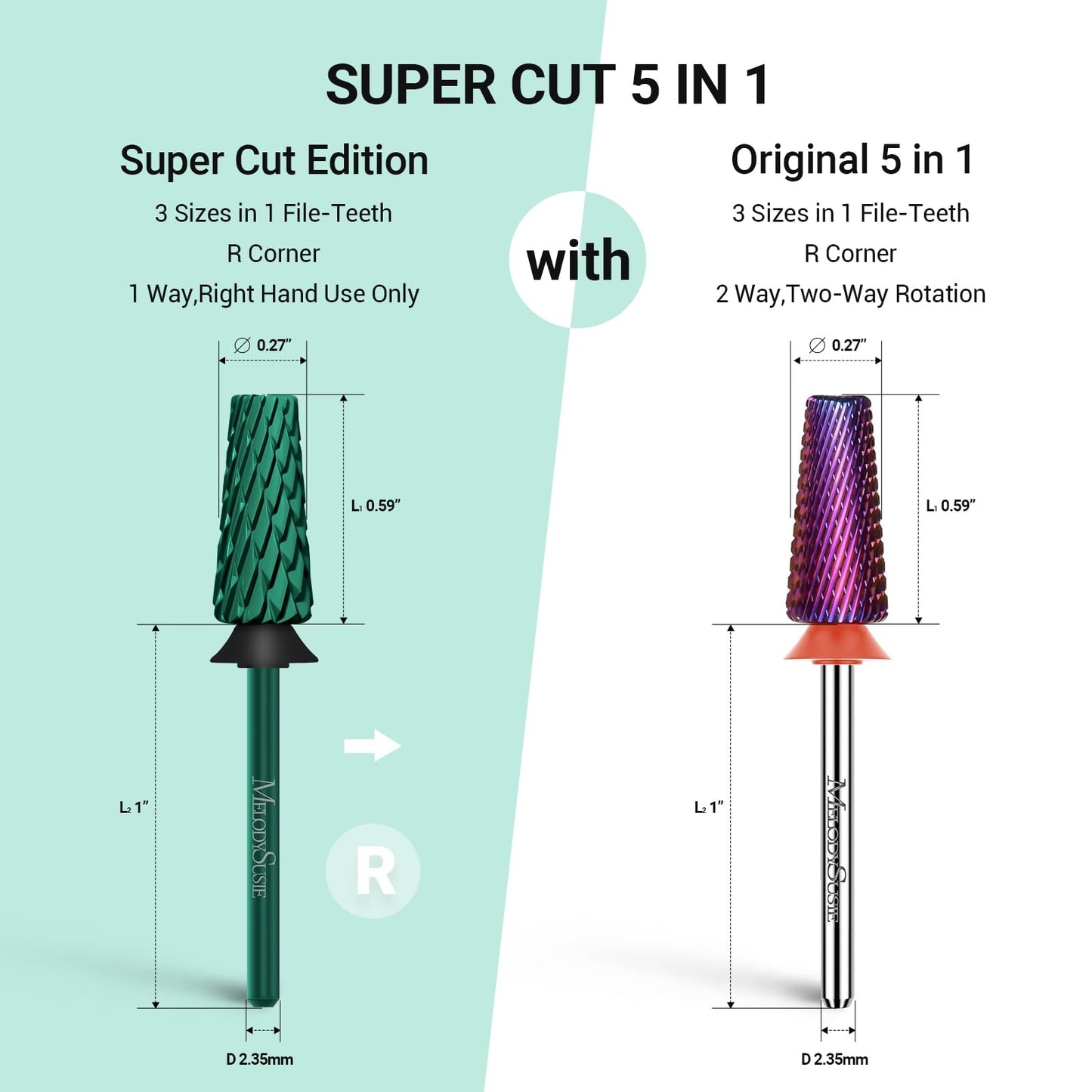 MelodySusie Super Cut Edition 5 in 1 Nail Drill Bits, 3/32'' Carbide Tungsten Multi-function Bits, Suitable for Manicure Pedicure Cuticle Gel Polishing, Green, Series Bit-M, XC