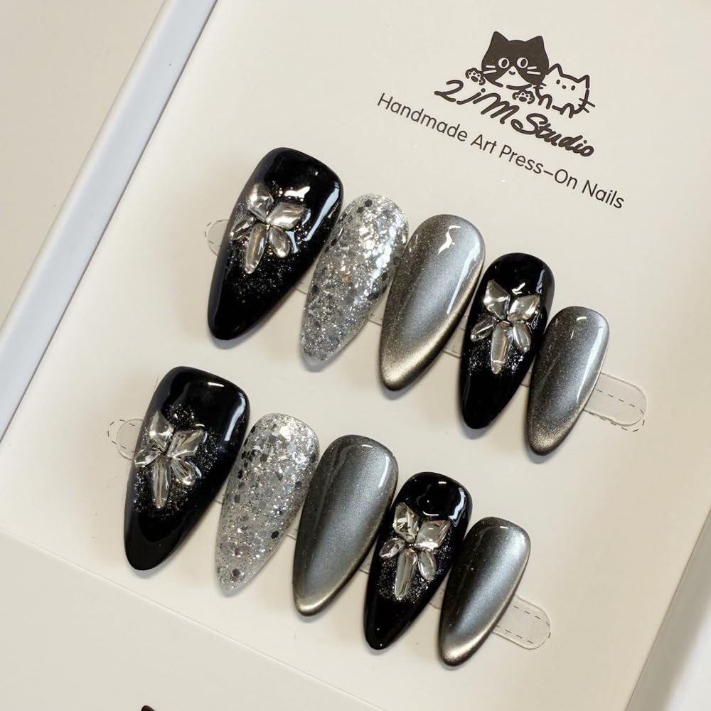 2IM Studio Handmade Press On Nails, Elegant Nude 3D Floral French Tip with Pearl Rhinestones, Almond Medium Length Full Cover Thick Reusable Acrylic Nail Kit for Women 10PCS (Inky Bloom-M)
