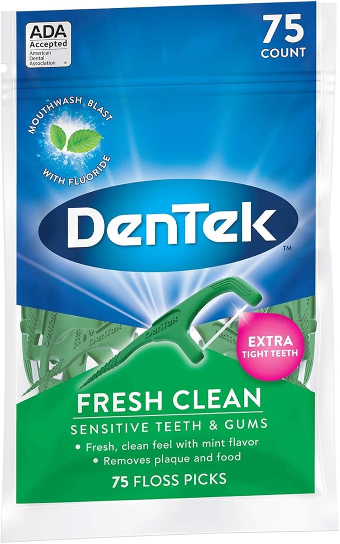 DenTek Fresh Clean Floss Picks, for Extra Tight Teeth, 75 Count, (Pack of 6)