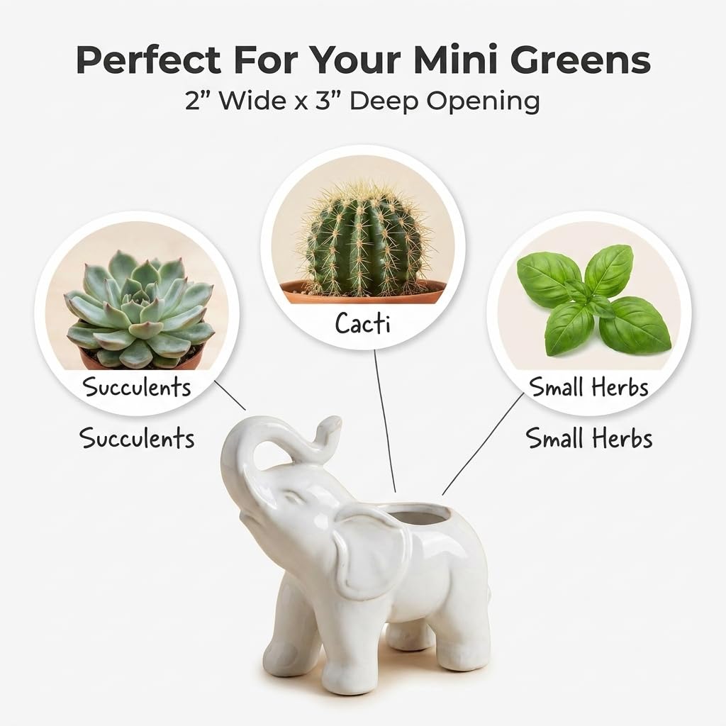 White Elephant Ceramic Flower Pot - Outdoor & Indoor Planter - Elephant Decor Succulent Pot - Small Plant Pot with Drainage - Windowsill & Patio Decor