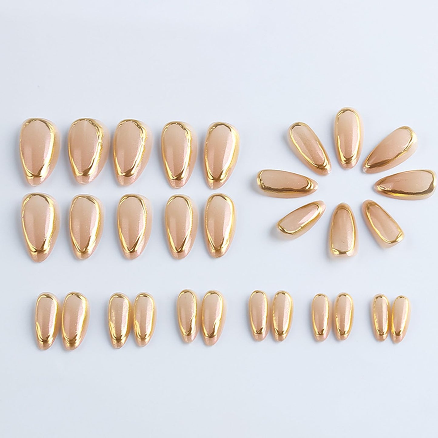RUOKEXIN Almond Press on Nails French Tip Fake Nails Gold False Nails with Designs Medium Nail Press ons Sparkly Artificial Nails for Women 30Pcs