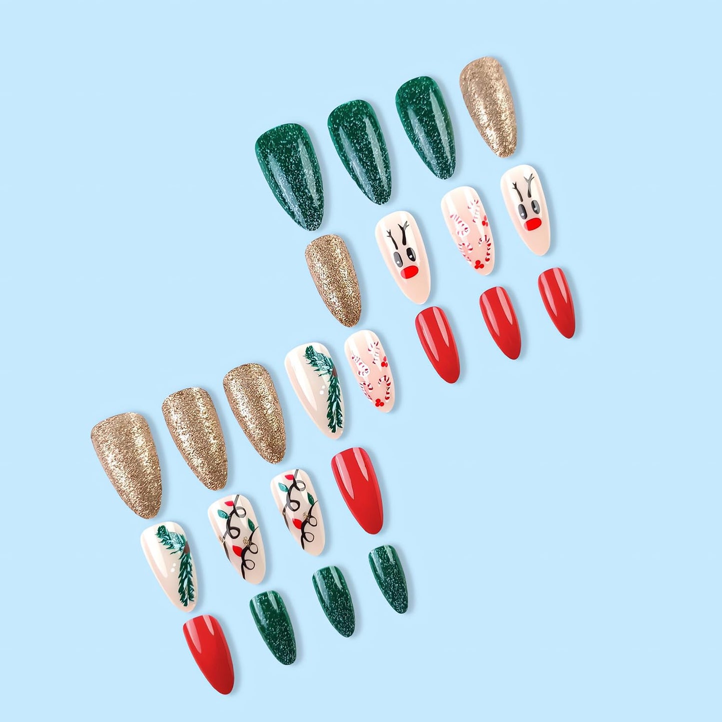 Cute Christmas Press on Nails Almond Fake Nails with Deer Glitter Cane Christmas Light Designs Medium Glue on Nails Glossy Winter False Nail Tips Full Cover Gel Artificial Nails Stick on Nails 24Pcs
