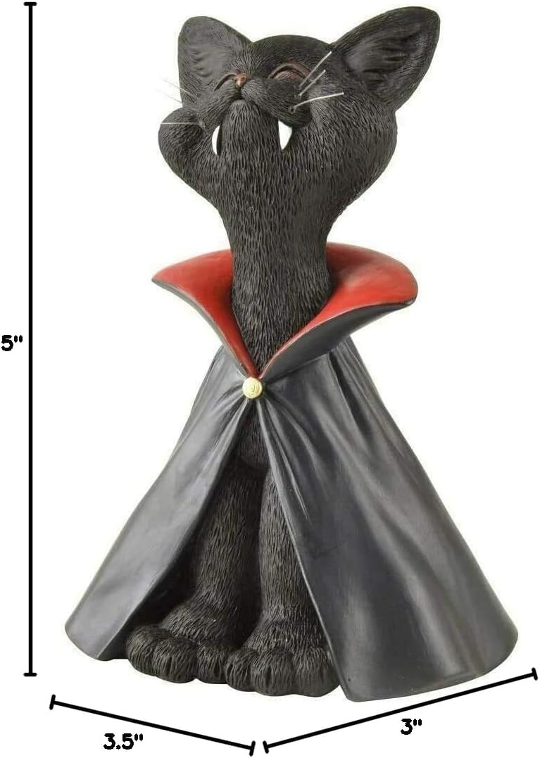 Whimsical Black Vampire Cat Figurine – Gothic Resin Halloween Decor for Cat Lovers – Whimsical Vampire Kitty Statue with Fangs and Cape – Spooky Cute Shelf Accent – Unique Gift for Pet or Horror Fans