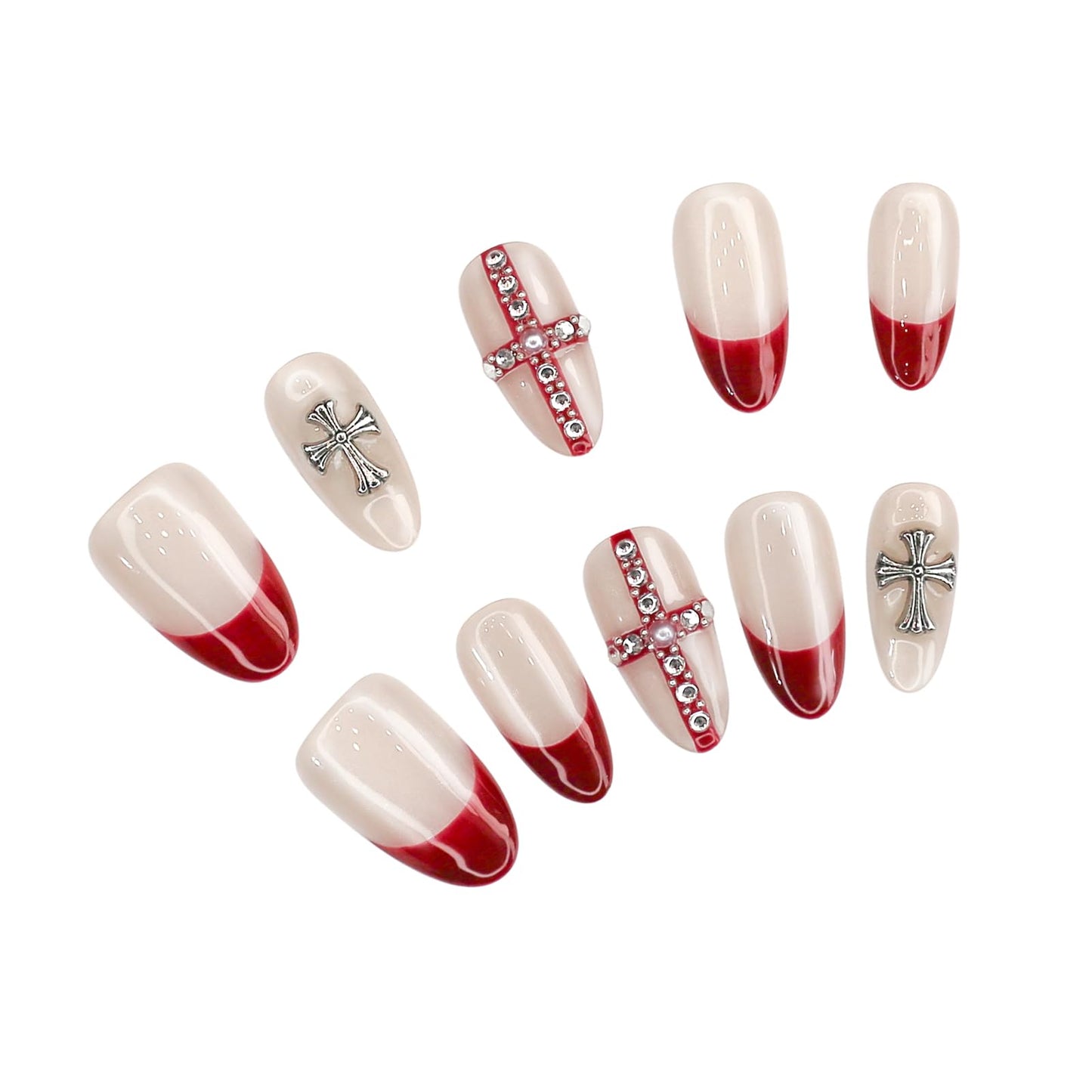 Yacey Handmade Press on Nails Short Almond, Reusable False Nails Press Ons, Red French Tip Thick Acrylic Fake Nails, Gothic 3D Cross Artificial Bling Glossy Glue on Nails for Women Girls (10 Pcs, M)