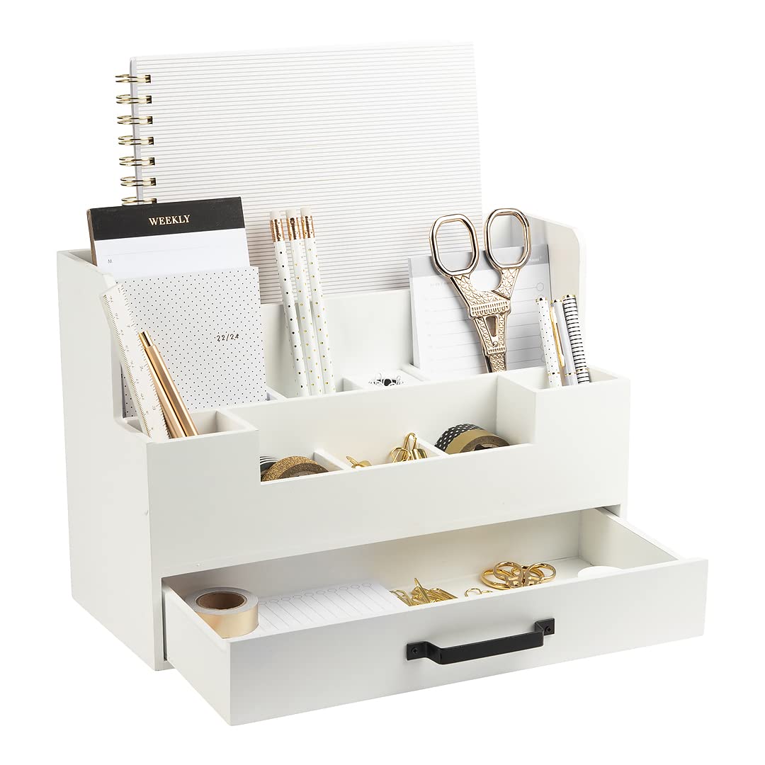 BLU MONACO White Wooden Desk Organizer With Drawer | Desktop Storage With Drawers | Multi-Compartment Desk Caddy for Home Office | 5.7”D x 12.9”W x 9”H Tabletop Accessory Holder