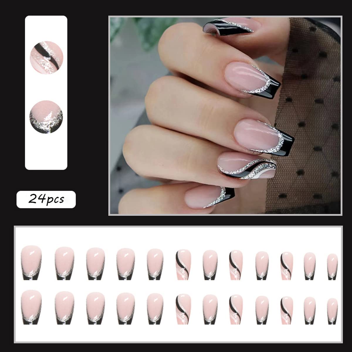24PCS Black French Tip Press on Nails Medium Length Square Fake Nails with Silver Glitter Line Designs Glossy Coffin Nails Full Cover Nail Tips False Cute Stick on Nails for Women