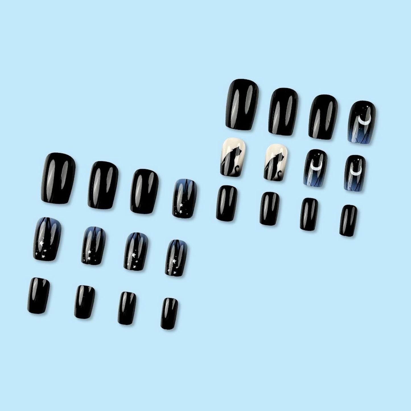 Halloween Press On Nails - Short Square Fake Nails with Black Cat Designs, Glossy Gradient Finish, Full Coverage, Star Moon Pattern, 24 Pcs