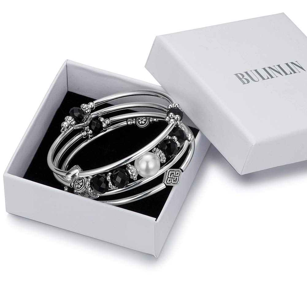 BULINLIN Bead Wrap Bangle Pearl Bracelet - Silver Metal Bracelet Gifts For Women(04-Black)
