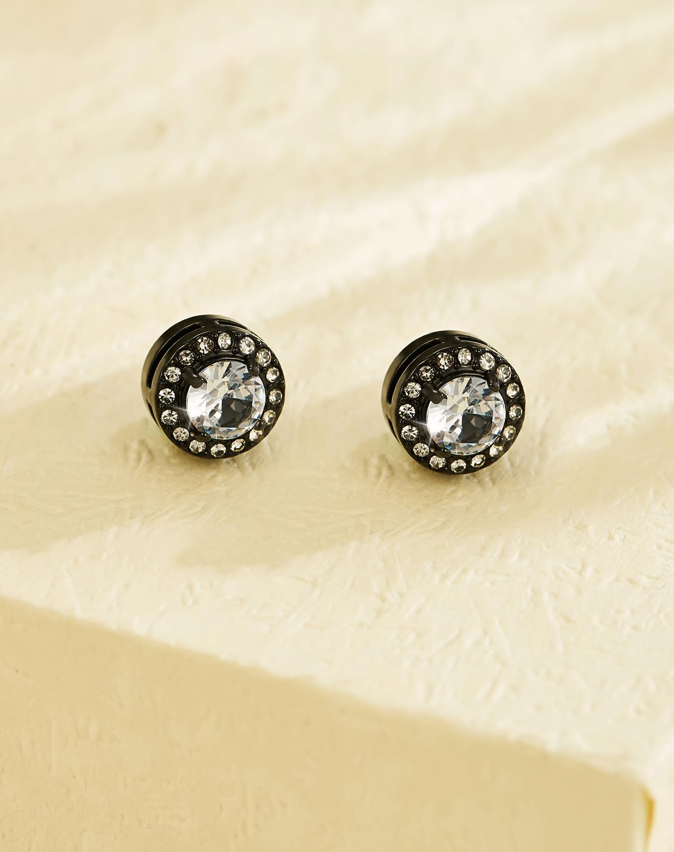 SIISPRI Magnetic Stud Earrings for Women Men, Non-piercing CZ Halo Studs, Hypoallergenic 18K Gold Plated Surgical Steel Clip on Stud Earrings Set for Sensitive Ears (Black Tone-Set)