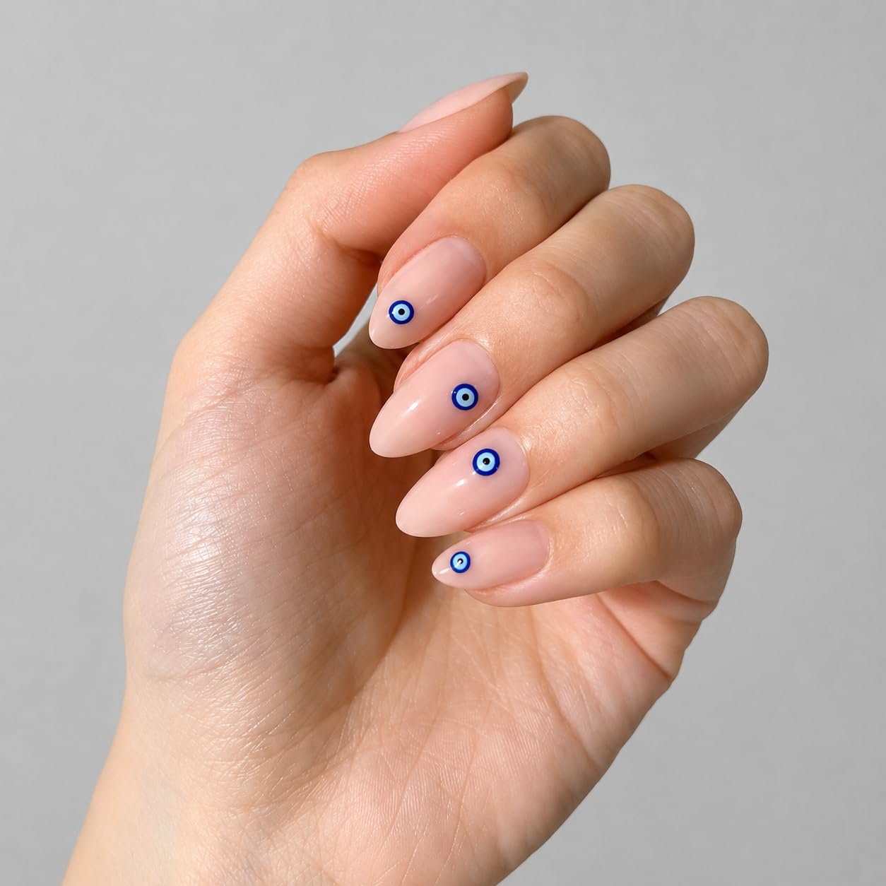 PaintLab Press On Nails - Mykonos Evil Eye Blue Almond Fake Nails, 30 Nails in 15 Sizes with Glue, Reusable Salon Quality Press On Nails
