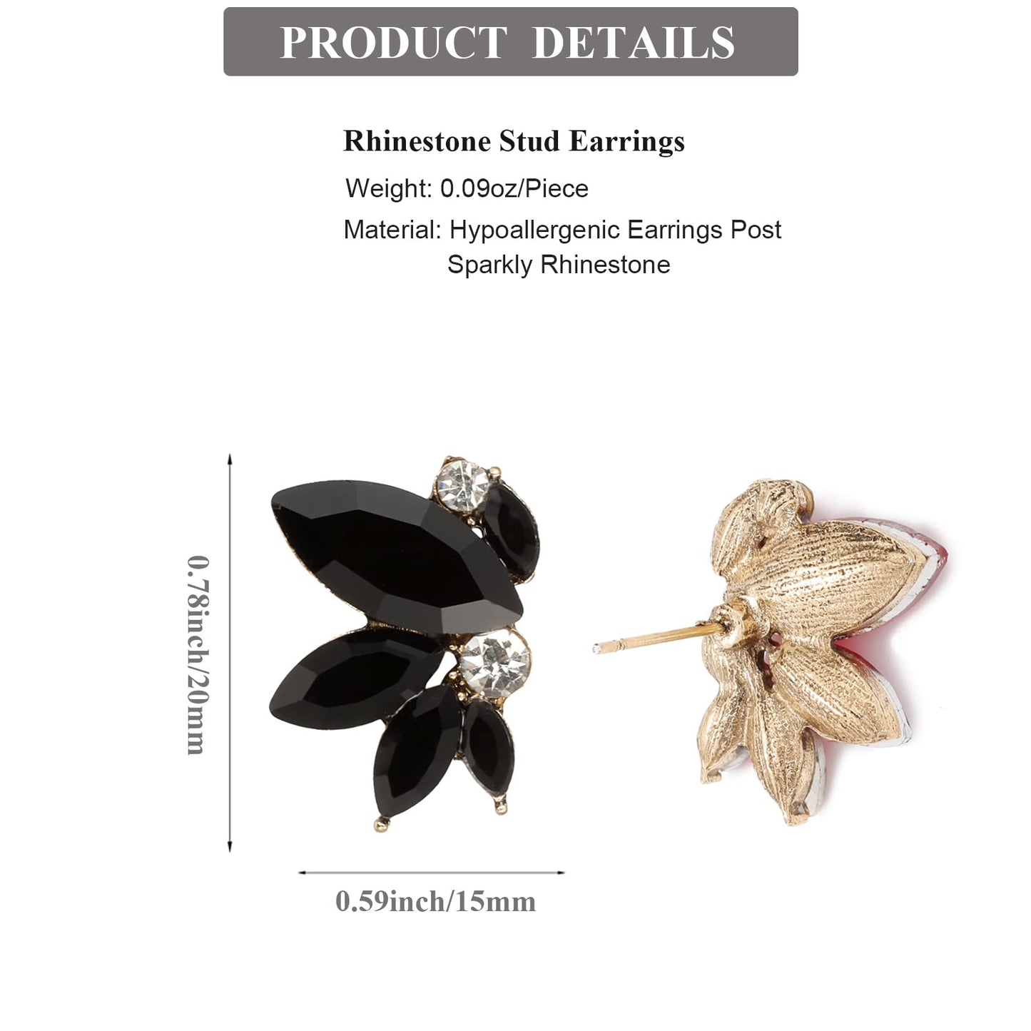 Black Rhinestone Earring Sparkly Faux Crystal Stud Earrings for Women Wedding Prom Party