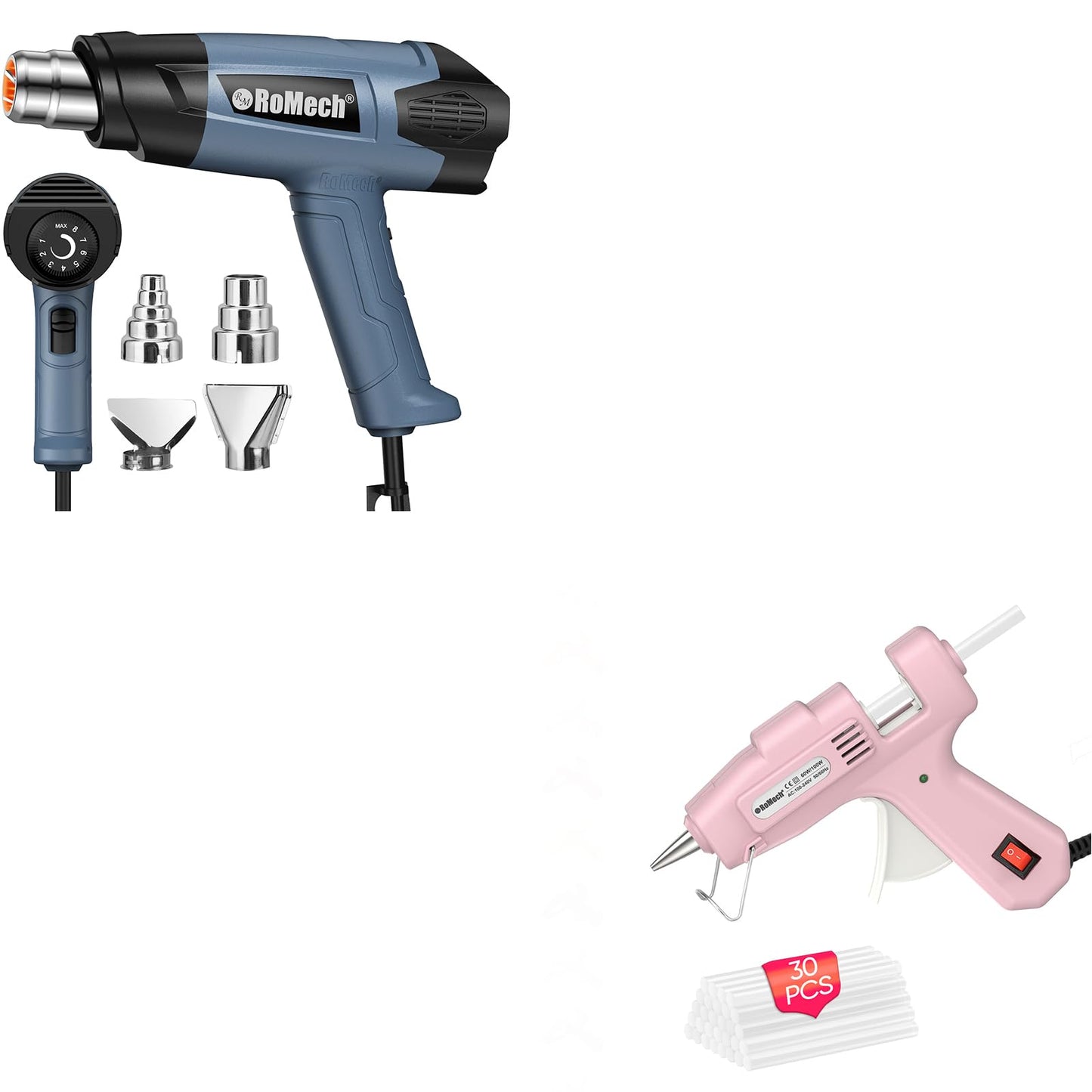 ROMECH Heavy Duty Fast Heating Heat Gun + 20W Mini Hot Glue Gun with 30 Glue Sticks Set