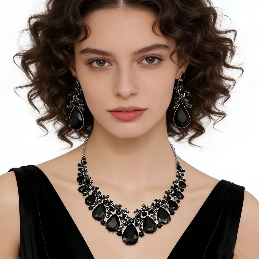 Qlavoca Vintage Crystal Teardrop Necklace Earrings Set - Gothic Statement Jewelry for Wedding Bridal Prom Party (Black Silver-Tone)