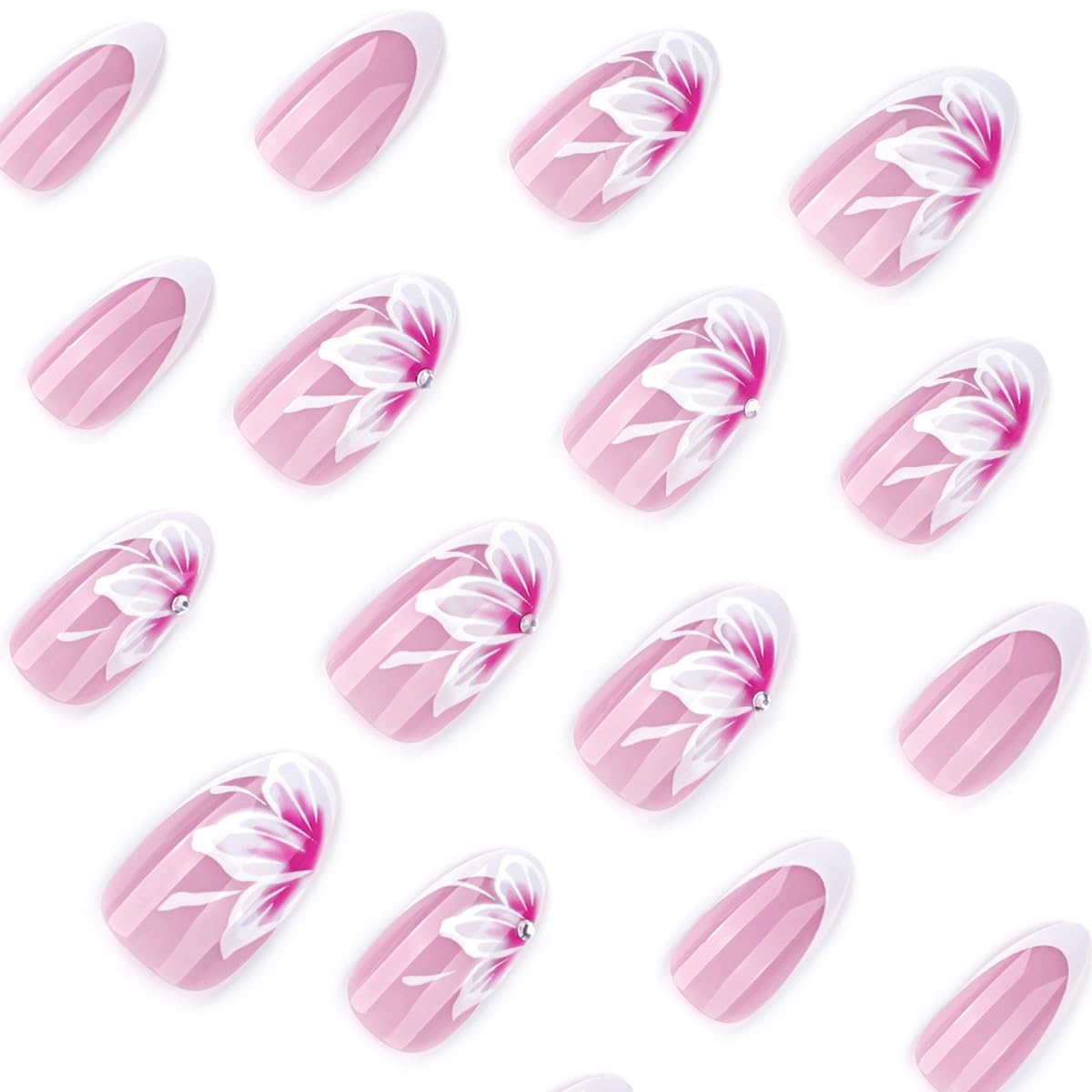 Flower Press on Nails Medium Almond Fake Nails Cute Spring Summer Nails Press ons with Design French Reusable Artificial Nail Full Cover Stick on Nails for Women Manicure 24Pcs
