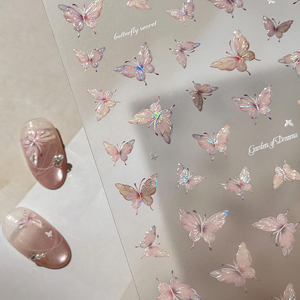 1Pcs Pink Butterfly Nail Art Stickers Decals Shiny Laser Butterfly Nail Stickers 3D Self-Adhesive Shell Light Design Butterflies Nail Decals for Women Spring DIY Manicure Decor