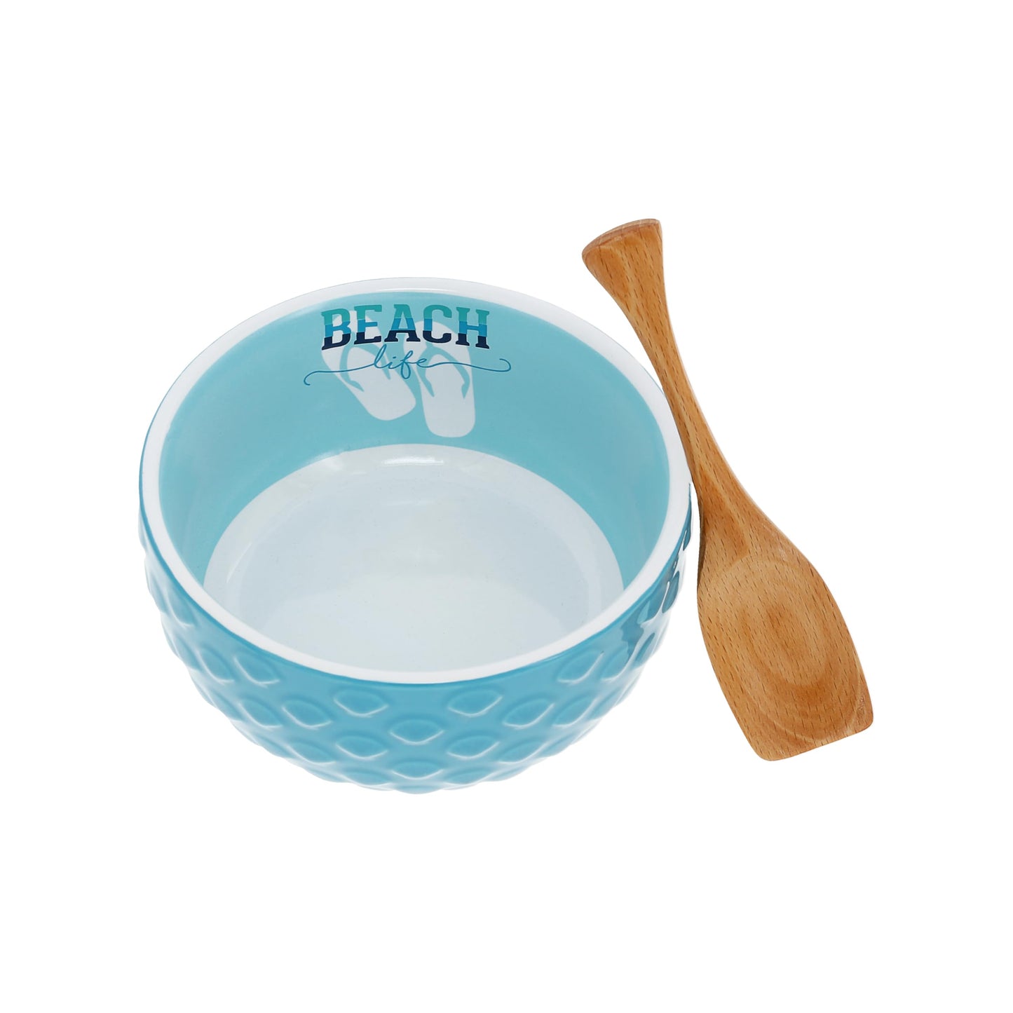 Pavilion Gift Company - Beach Life - 11oz 4.5" Bowl and Beech Spoon Set - Ocean Coastal Waterfront Nautical Stoneware Home Decor Housewarming Summer Kitchenware Serveware