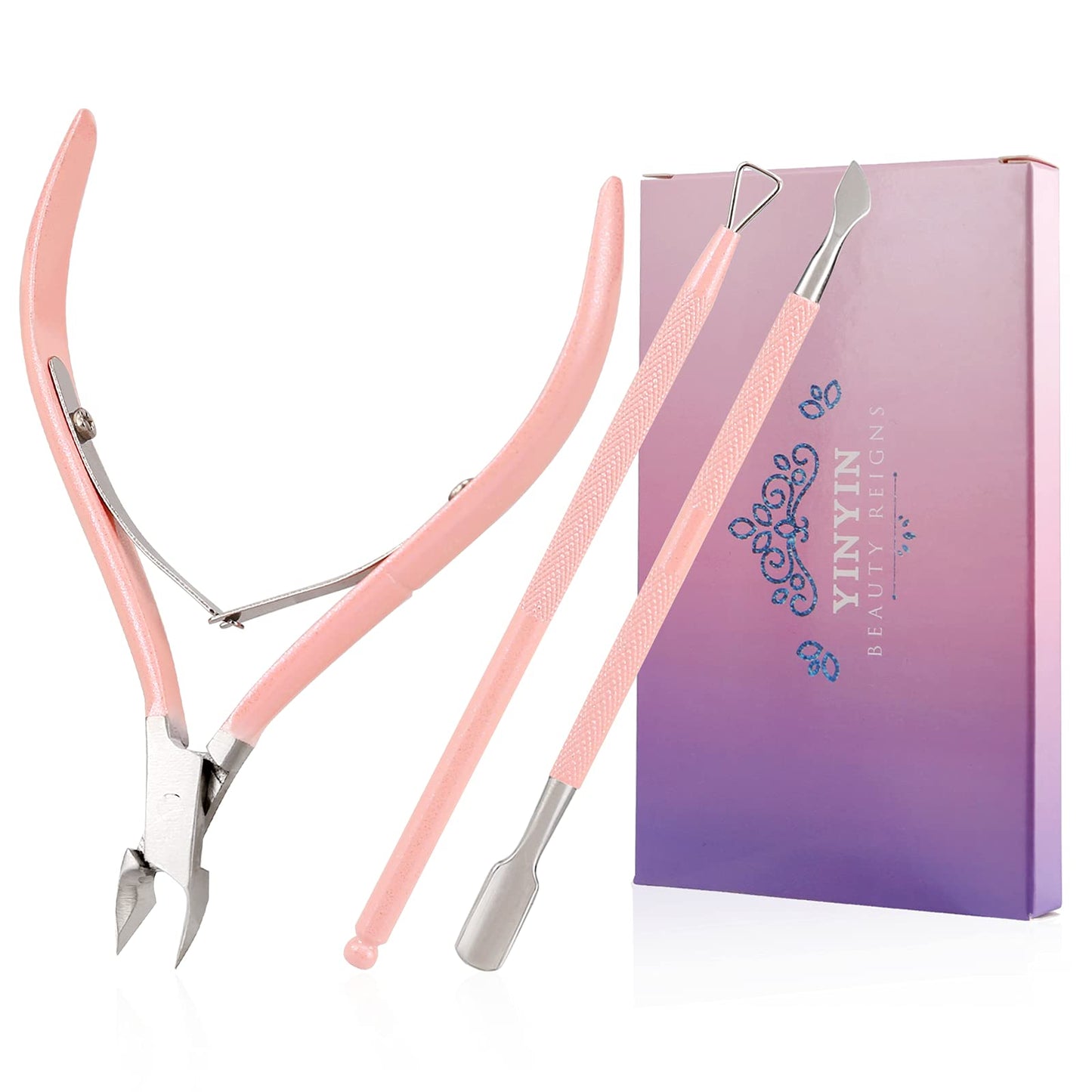YINYIN Professional Stainless Steel Cuticle Trimmer with Pusher and Cutter - Durable Pedicure Manicure Tools for Fingernails and Toenails (Pink)