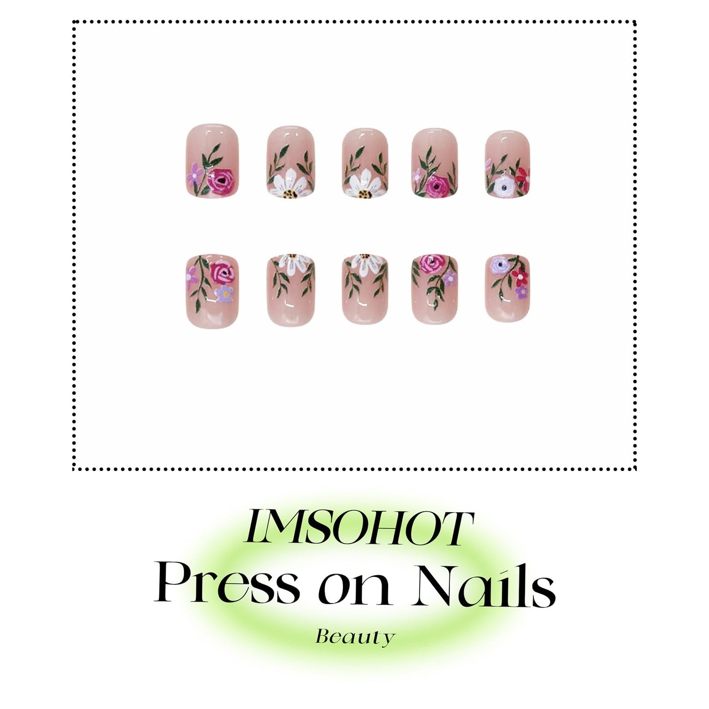 IMSOHOT Press on Nails Short Square Fake Nails Flower French Tips Glossy Nude Acrylic False Nails for Women Summer Stick on Nails 24Pcs