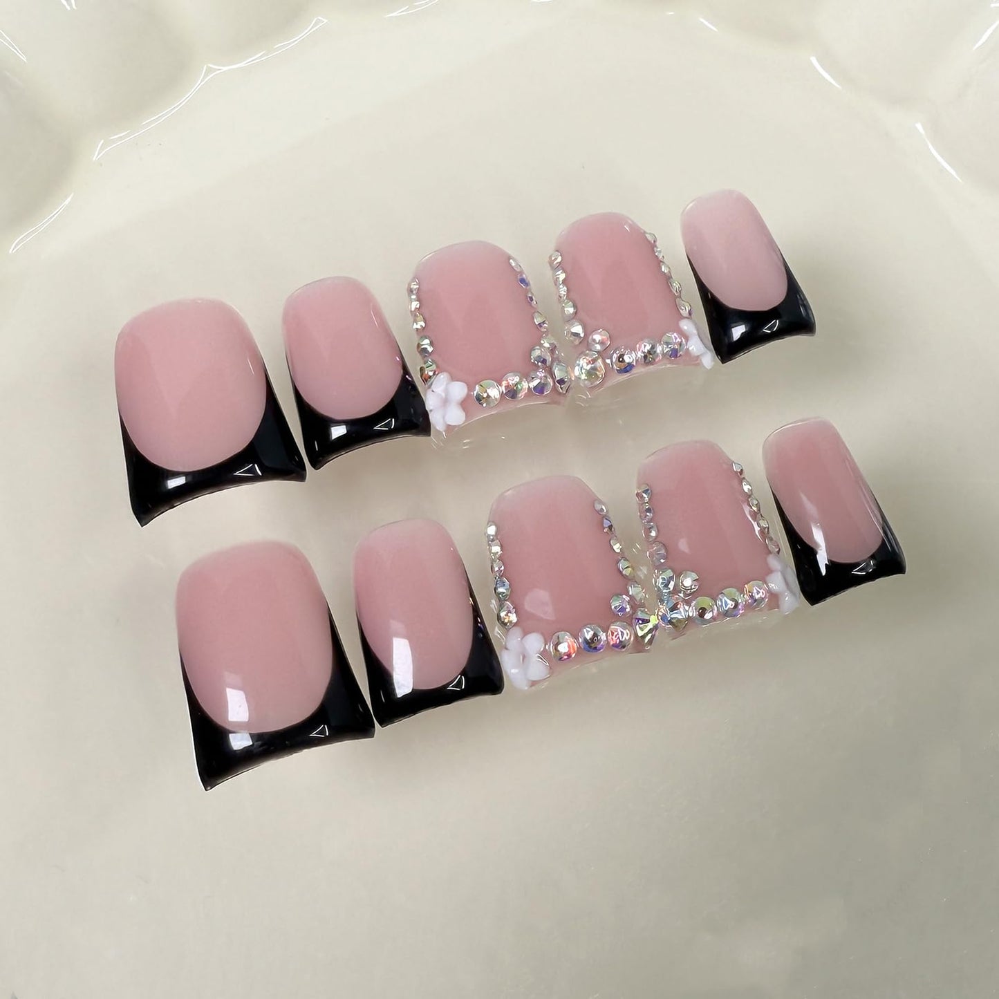Handmade Press on Nails Short Duck Black French Tip Thick Acrylic Fake Nails 3D Floral False Nails with Rhinestones Pink Flower Designs Elegant Sturdy Nail Art Press on Nails 10Pcs(S)