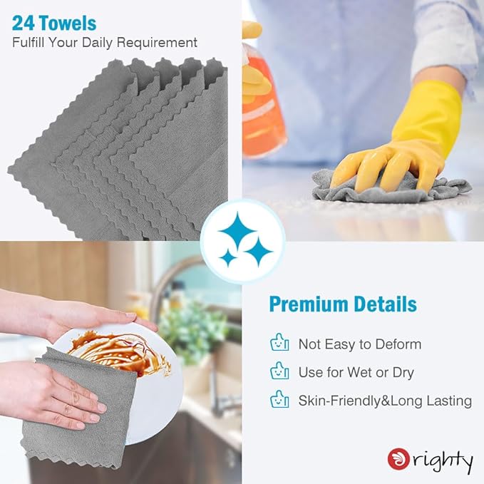Orighty Cleaning Cloths 12x12 inch, Pack of 24, Highly Absorbent Microfiber Cleaning Supplies, Lint Free Cloths for Multiple-use, Powerful Cleaning Rags for House, Kitchen, Car Care (Grey)