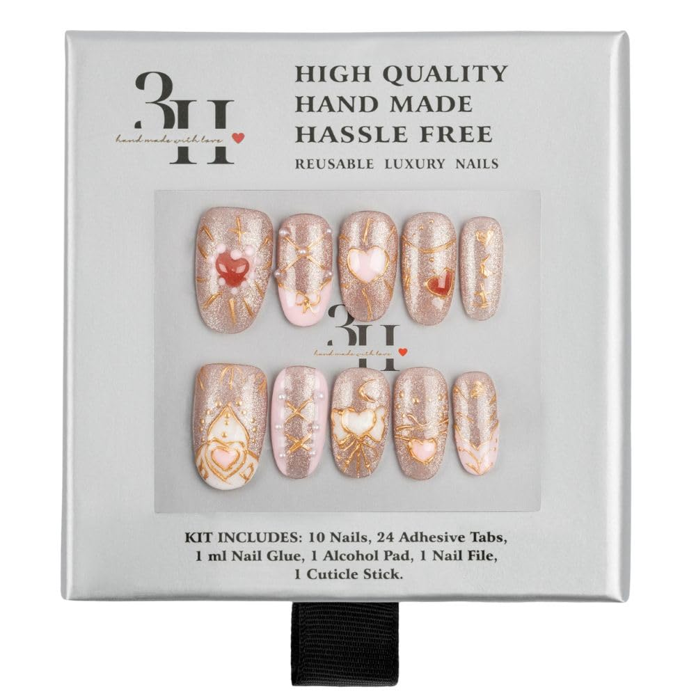 3H Luxury Handmade Press-On Nails Celestial Heart (Pink Small), Reusable Artificial Fake Nails Kit, Salon-Quality Artificial Nails