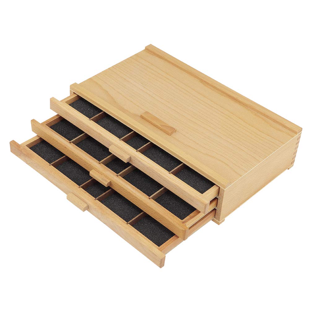Creative Mark Pastel Storage Box, 3 Drawer Wood Box with Foam Lining, Sturdy and Stackable Art and Craft Supplies Storage Box for Artist Tools, Pens, Pencils and More, Natural Finish